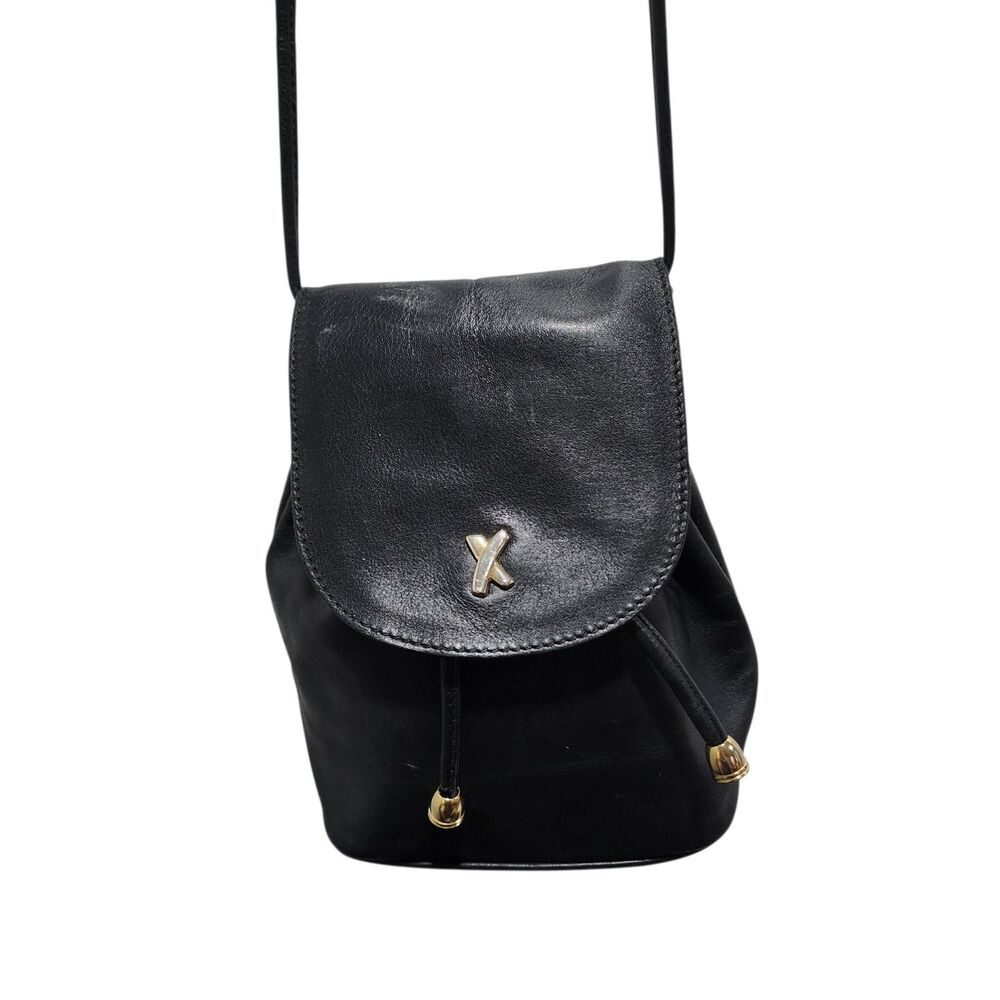 By Paloma Picasso Black Leather Drawstring Crossbody Bucket Bag Made in Italy
